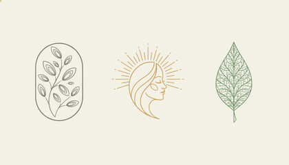 Obraz premium Trio of minimalist icons includes a branch in an oval, a woman's profile with a sunburst, and a detailed green leaf.
