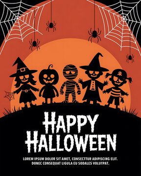 Happy halloween greeting card design featuring cute cartoon children in costumes against a spooky orange moon background
