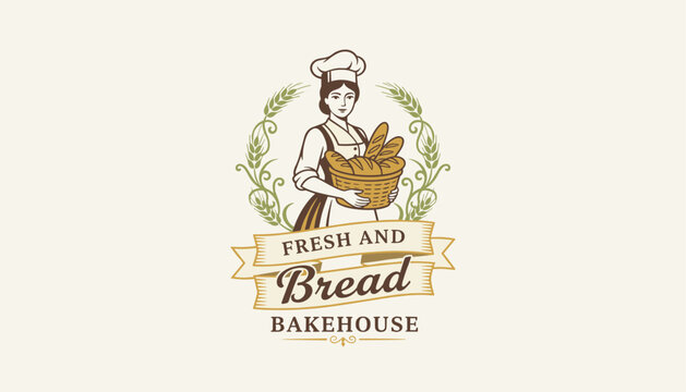 Vintage style bakery logo depicts a woman in a chef hat holding a basket of fresh bread surrounded by a wheat wreath.