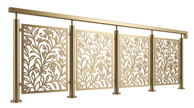 Decorative gold metal railing with laser cut floral panels. Ornamental brass balcony fence. Luxury architectural handrail for interior design.
