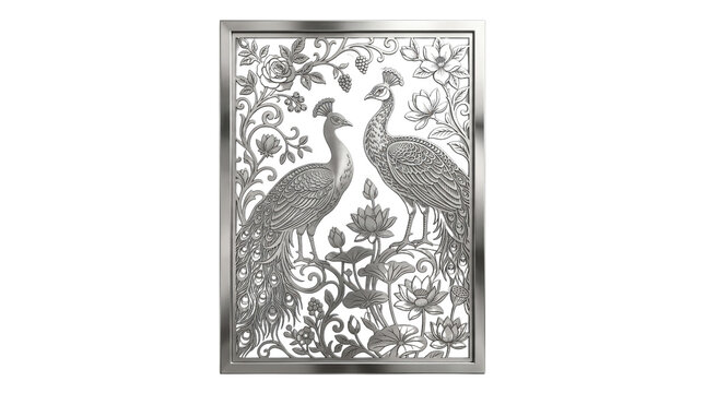 Vintage silver peacock wall art, ornate metallic bird illustration in chrome frame, elegant floral peacock engraving for luxury interior decor