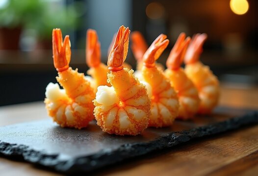 Crispy Shrimp Tempura Delight Dipped in Tangy Sauce on Dark Slate Dish