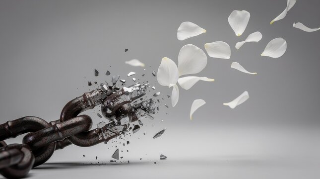 Heavy iron chain shattering into delicate white flower petals