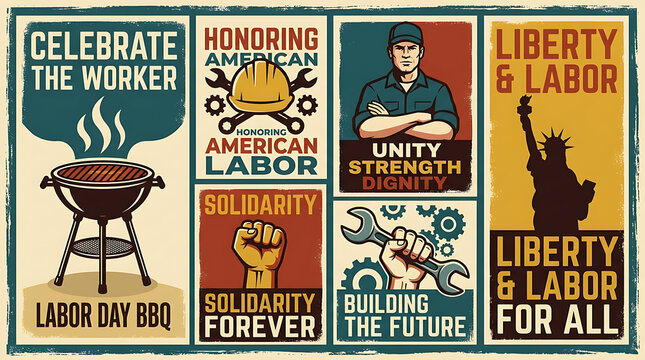 Set of six vintage style Labor Day posters with patriotic themes