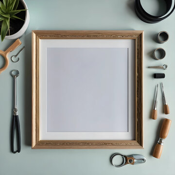 Empty gold picture frame with mat on a light blue background surrounded by Various leather crafting tools and a plant, Various leather crafting tools are arranged around the frame, including awls