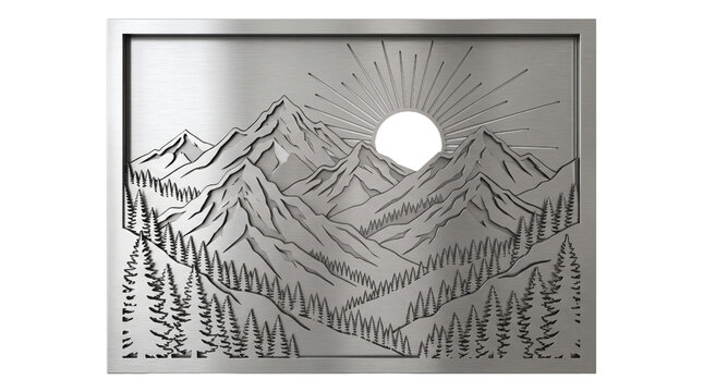 Brushed metal mountain landscape wall art, laser cut steel nature scene with sun and pine forest, industrial metallic decor panel
