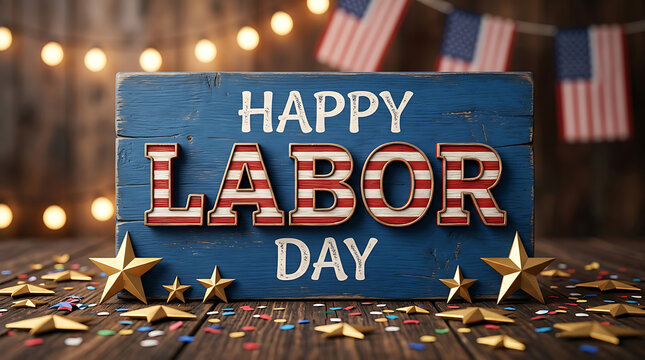 Rustic wooden sign with Happy Labor Day text and American flag decorations