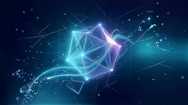 Glowing geometric icosahedron floating in dark space. Abstract digital technology background with futuristic data stream, network connection and light particle effect.