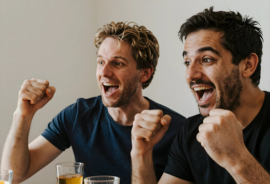 Two excited men cheering with fists clenched, celebrating a victory or success with open mouths and happy expressions