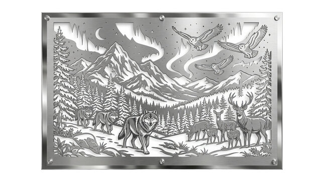 Laser cut metal wall art, decorative steel panel with mountain landscape and wildlife, rustic silver nature scene for home decor