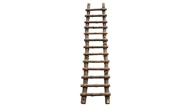 Rustic wooden ladder made of logs and rope isolated on transparent background