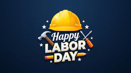 Fototapeta premium Happy Labor Day typography with construction tools and hard hat
