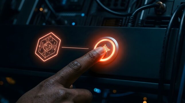 A close up view of a human finger pressing a glowing orange start button on industrial machinery equipment