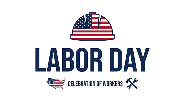 Labor Day graphic design with American flag hard hat and tools