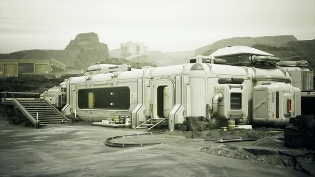 Modular transit hub with access ramps and loading platforms, rover bay and docking area, practical terminal for surface transport and logistical movement.