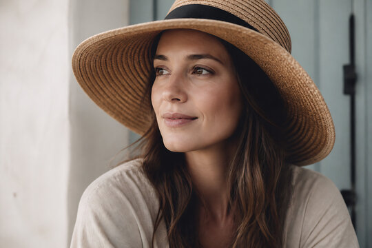 A woman wearing a straw hat is looking off to the side in an indoor setting.