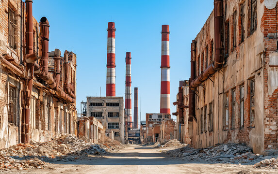 Dilapidated brick factory buildings with large pipes and smokestacks stand under clear blue sky. Crumbling walls and debris trash abandoned industrial site.
