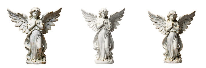 Fototapeta premium Three angel statues on a black background represent religion and spirituality