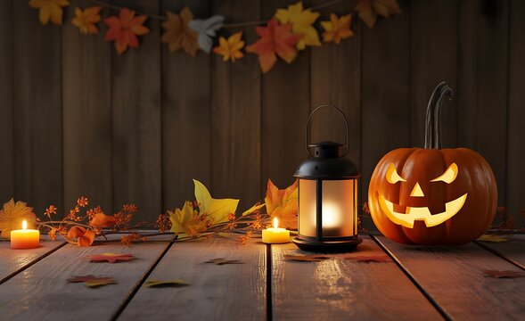 Spooky halloween jack o lantern pumpkin with glowing lantern and autumn leaves on a rustic wooden table