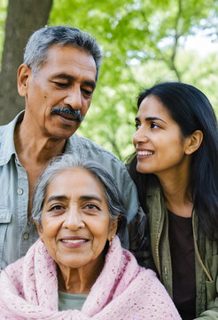 Multi-generational indian family portrait outdoors senior woman smiling at camera with adult daughter and father, the family shares a moment of happiness and connection in a natural setting