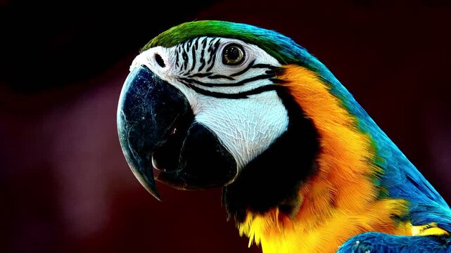 Extreme close-up footage of a blue and yellow macaw showing intricate feather patterns, eye detail and powerful beak in natural light.