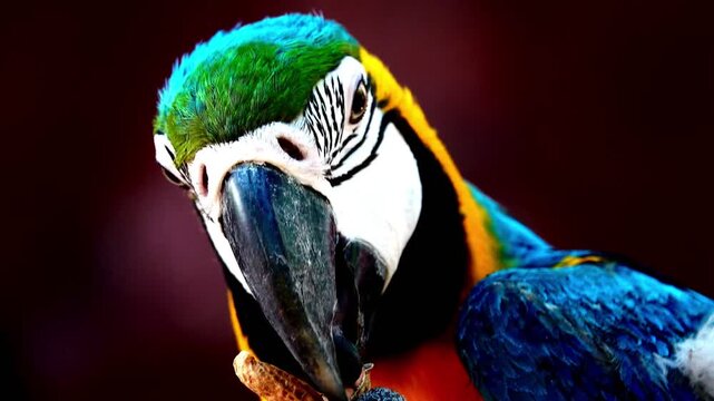 Extreme close-up footage of a blue and yellow macaw showing intricate feather patterns, eye detail and powerful beak in natural light.