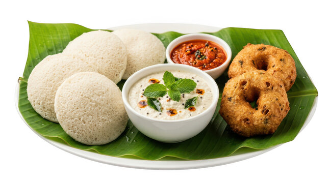 South indian breakfast idli and vada with coconut and tomato chutney isolated on transparent background