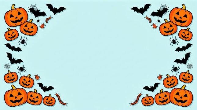 Halloween Happy Halloween border design with pumpkins, bats, spiders and worms on pastel blue background. Fun holiday frame illustration for spooky party invitation, greeting card, poster.