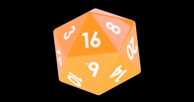 Orange twenty sided die icosahedron dice rotation animation seamlessly loopable. 3D rendering isolated on transparent background