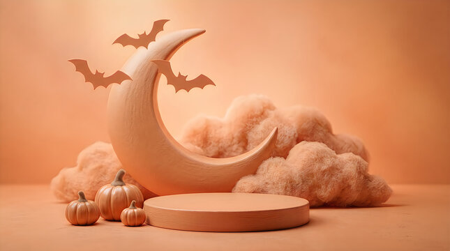 Halloween Monochromatic orange Halloween podium, crescent moon with bats and pumpkins, minimalist 3D product display stage with fluffy clouds