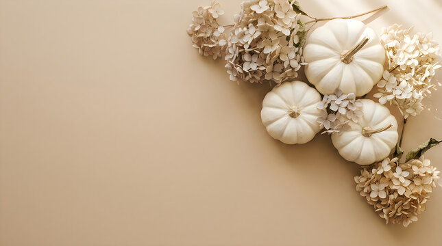 Halloween Minimalist white pumpkins and dried hydrangea flowers on beige background. Elegant autumn flat lay with copy space. Neutral fall aesthetic.