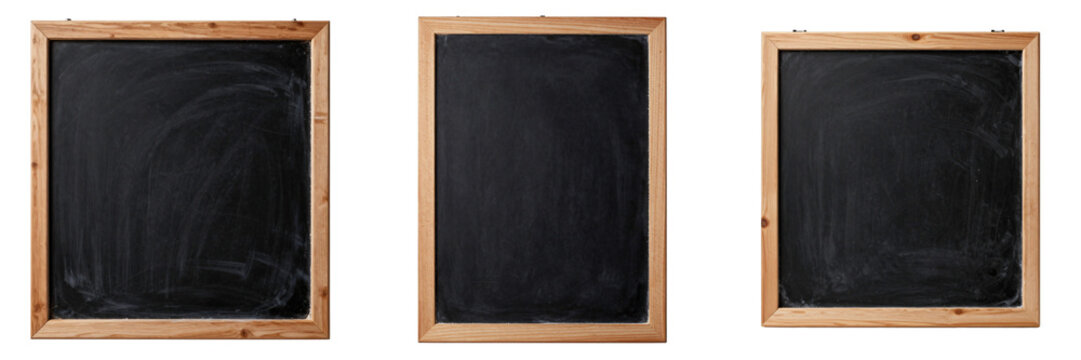 Three empty chalkboards with light wood frames stand in a row against a black backdrop
