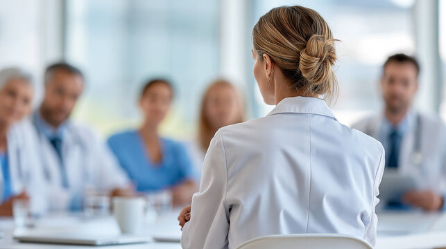 Faceless head doctor addressing diverse medical team in bright meeting room, leadership guidance and morning briefing concept, defocused background, with copy space