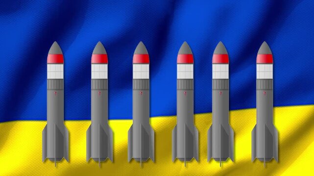 Military missiles displayed over waving Ukrainian flag in motion animation video