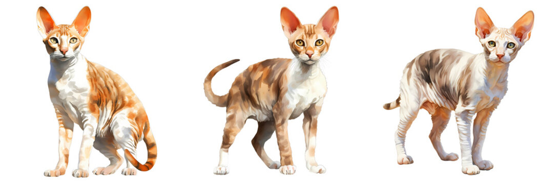 Three devon rex cats pose in a row against a black backdrop in an illustration