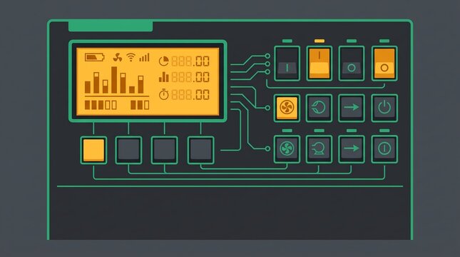 control panel, digital dashboard, electronic interface with a yellow digital screen, circuit lines, and push buttons. A flat vector illustration of smart mechatronics automation system GUI technology.