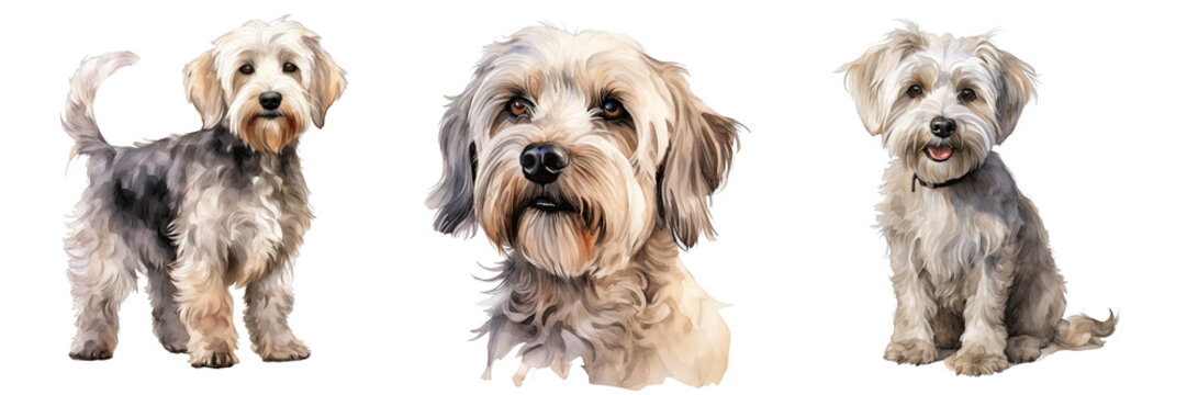 Watercolor painting shows three schnoodle dogs in various poses against black background