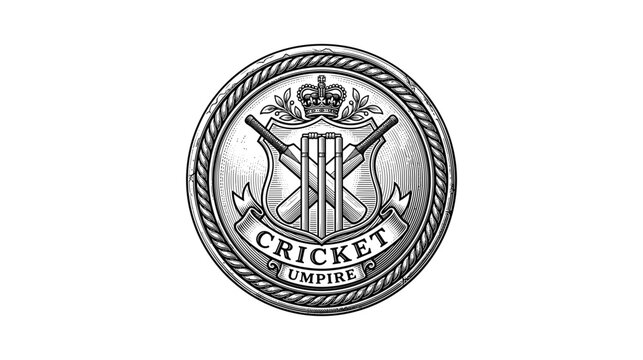 Cricket Umpire Badge Emblem with Crossed Stumps and Crown in Vintage Circular Design Featuring Logo, Symbol