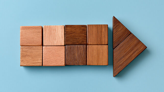Wooden arrow blocks changing direction toward success, business strategy growth and positive transformation symbolism, with copy space
