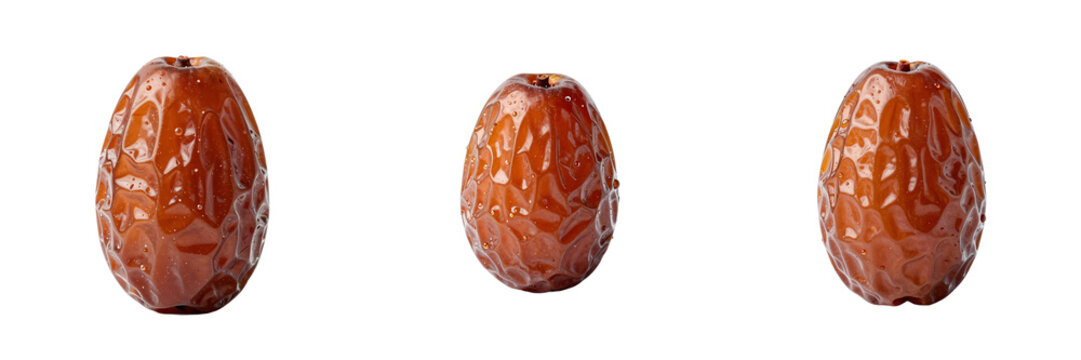 Close up of three medjool dates placed on a black background with water droplets