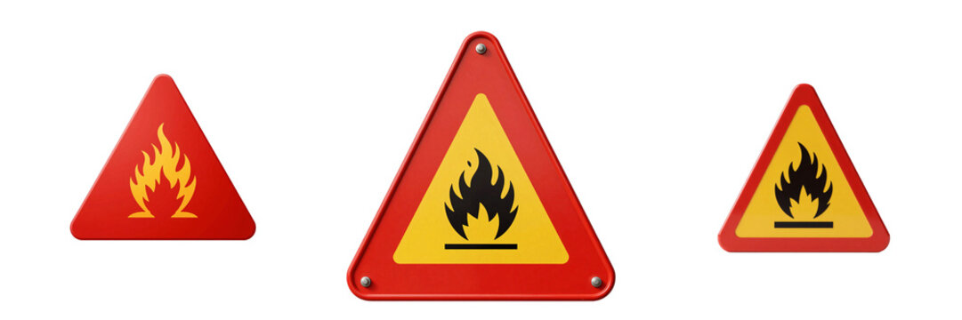 Flammable hazard sign of triangles with a flame, placed on a black backdrop
