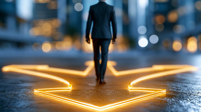 Faceless figure in dark suit standing at three-way junction where luminous orange arrow paths diverge, defocused background, with copy space