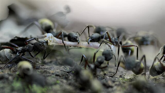 Close-up of ants working together to carry food in a natural environment