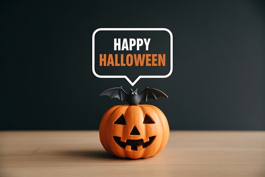 Small carved pumpkin with a happy halloween speech bubble sign on a dark background for seasonal holiday decoration