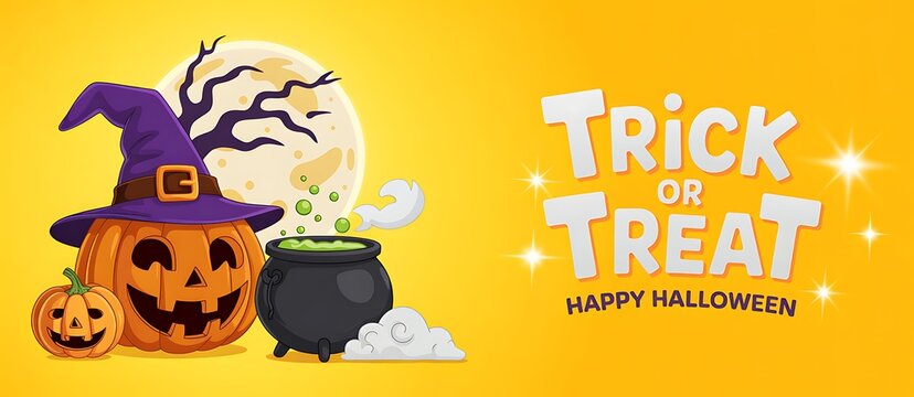 Happy halloween greeting card design with a carved pumpkin wearing a witch hat and a bubbling magic cauldron