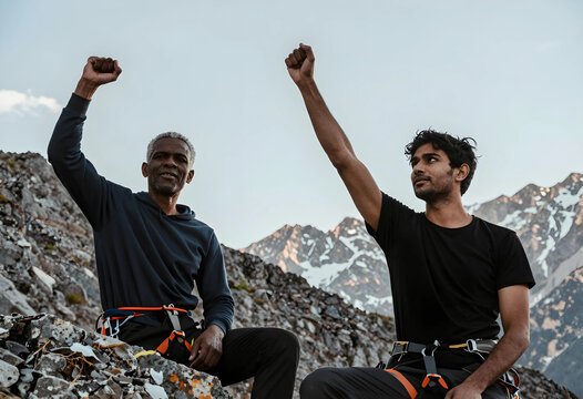 Two diverse male climbers celebrating success on a rocky mountain peak with snow-capped mountains in the background, They are wearing climbing harnesses and raising their fists in triumph