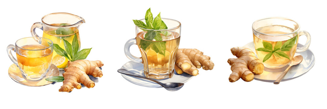 Watercolor illustration showing ginger tea set with lemon and mint leaves against a black backdrop