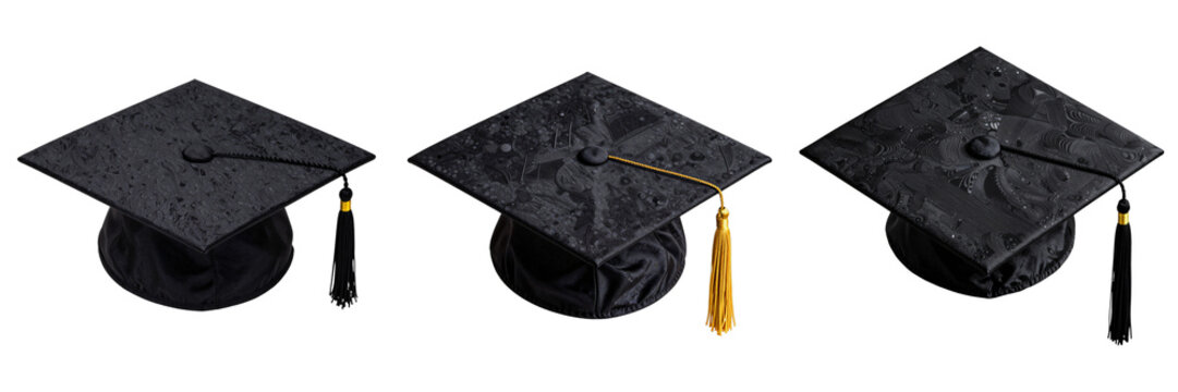 Three graduation caps showcase unique dark art against a stark black background
