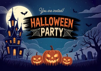 Fototapeta premium Spooky halloween party invitation featuring a haunted house glowing pumpkins and a full moon in the night sky