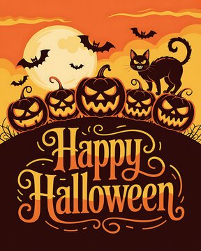 Happy halloween greeting card design with spooky pumpkins black cat and bats against a full moon background